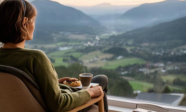 Person som lytter til radio i stue med utsikt over Lierdalens landskap tidlig morgen